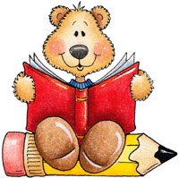 Bear sitting on a pencil reading a book